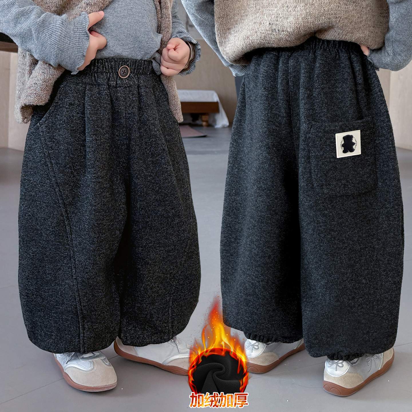 男女童加绒裤子秋冬款中小童弯刀裤冬季时尚宽松韩版加厚休闲卫裤