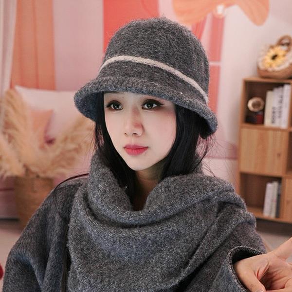 韩系毛线渔夫帽女秋冬保暖条纹针织盆帽后开叉时尚显脸小水桶帽子