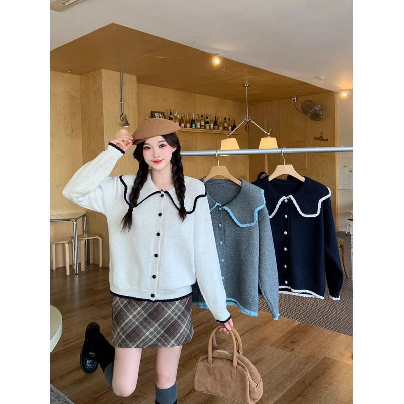 大码胖mm韩系甜美减龄撞色娃娃领针织衫女秋冬款休闲百搭长袖上衣