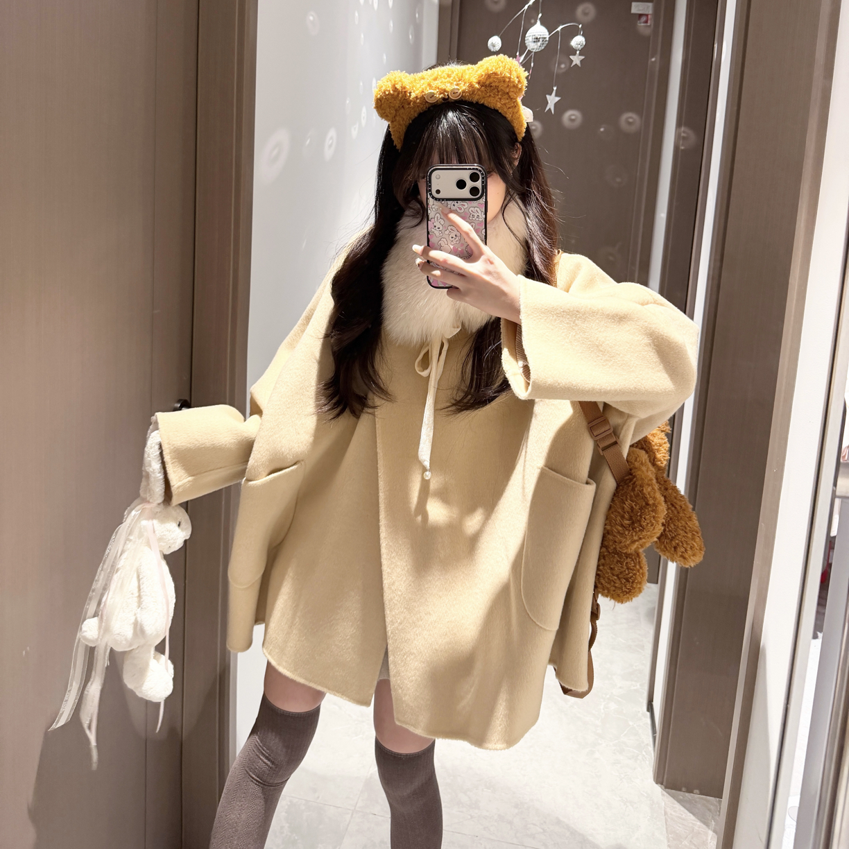 Yukitto【留洋千金】中长款千金风纯羊毛纯色女斗篷毛呢外套大衣