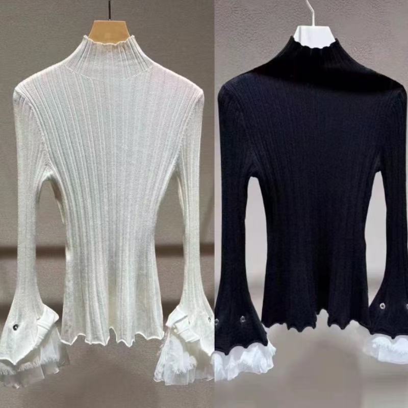 辰辰店黑色白色荷叶边拼接网纱打底上衣