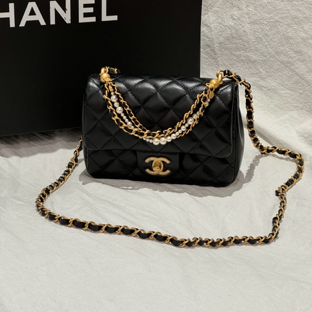 99新 Chanel/香奈儿 24P珍珠链条黑金方胖子 单肩斜挎包
