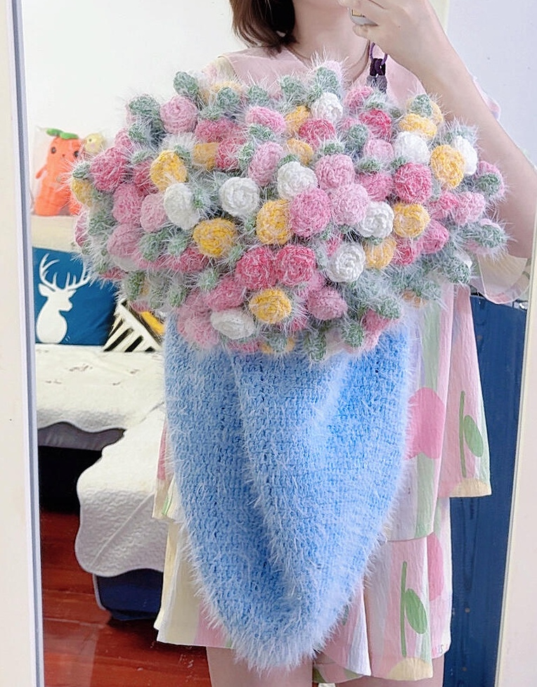 【玫瑰花毯子材料包】牛奶棉仿貂毛五股牛奶棉钩织花束手工新年礼物