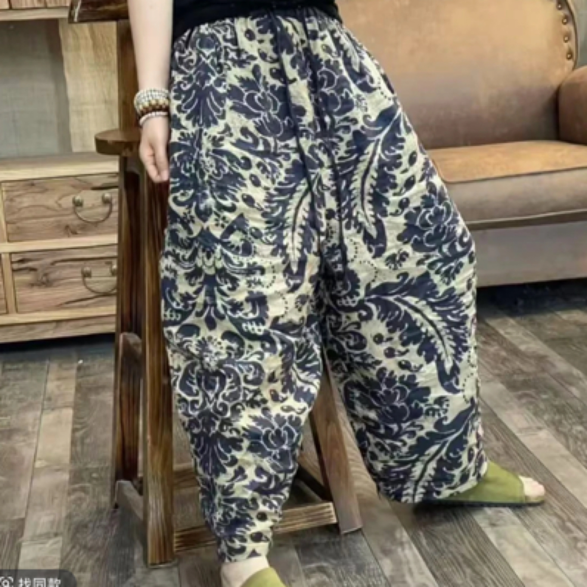 王蜜儿 夏季新品亚麻花色文艺休闲百搭女士裤子 臀围142长87