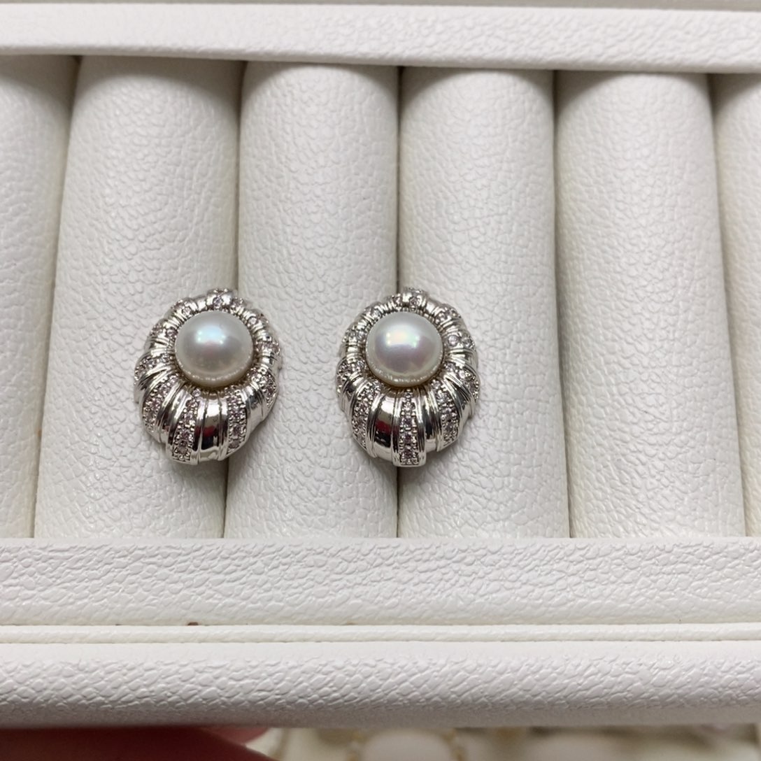 淡水珍珠耳饰银S925镶嵌7.5-8