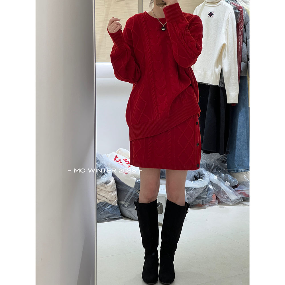 【新年红麻花套装】欧洲站冬季节日氛围感显瘦裙子毛衣12578