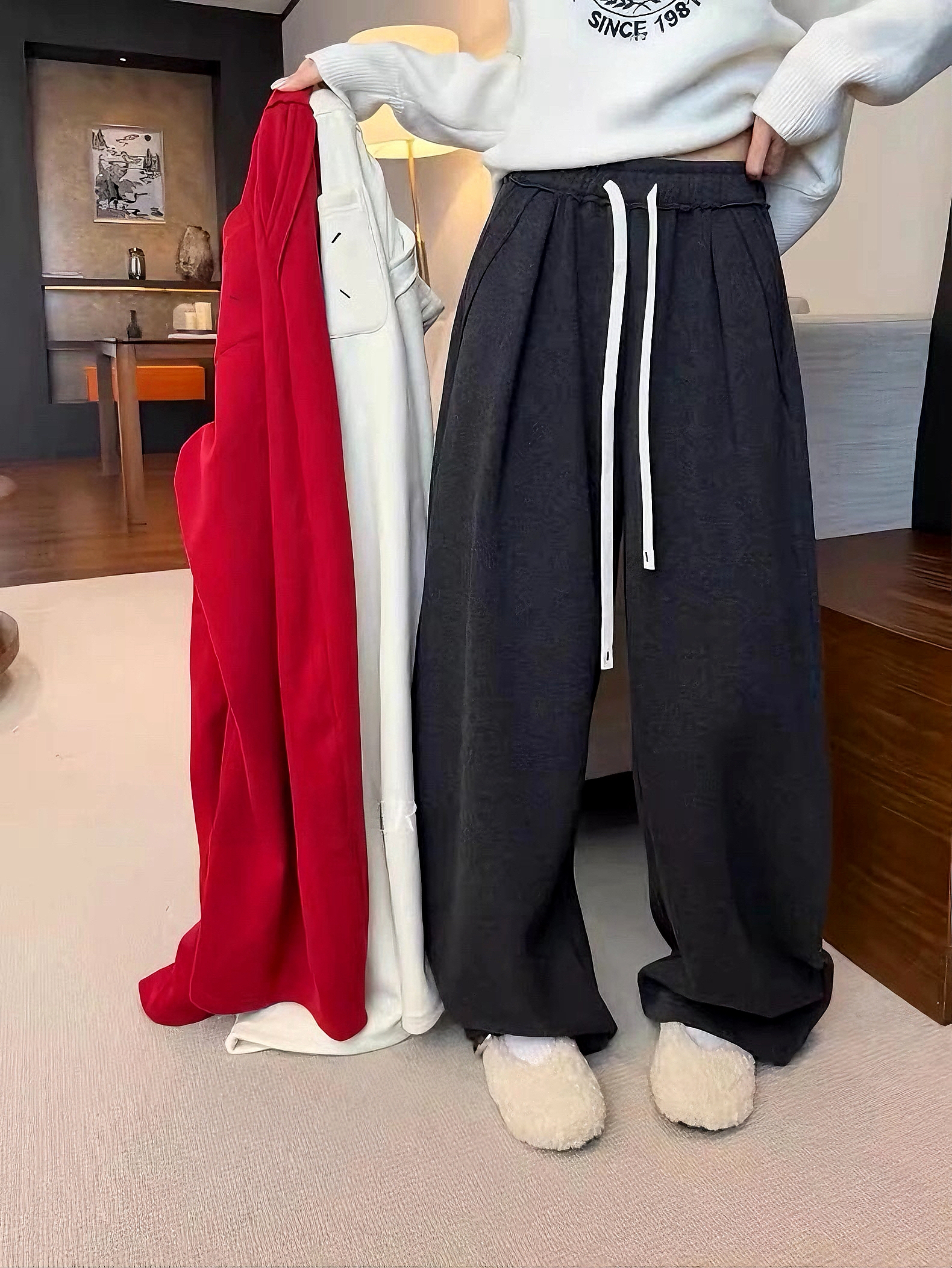 加绒加厚款阔腿裤休闲裤高腰微弹羊毛呢子裤6610