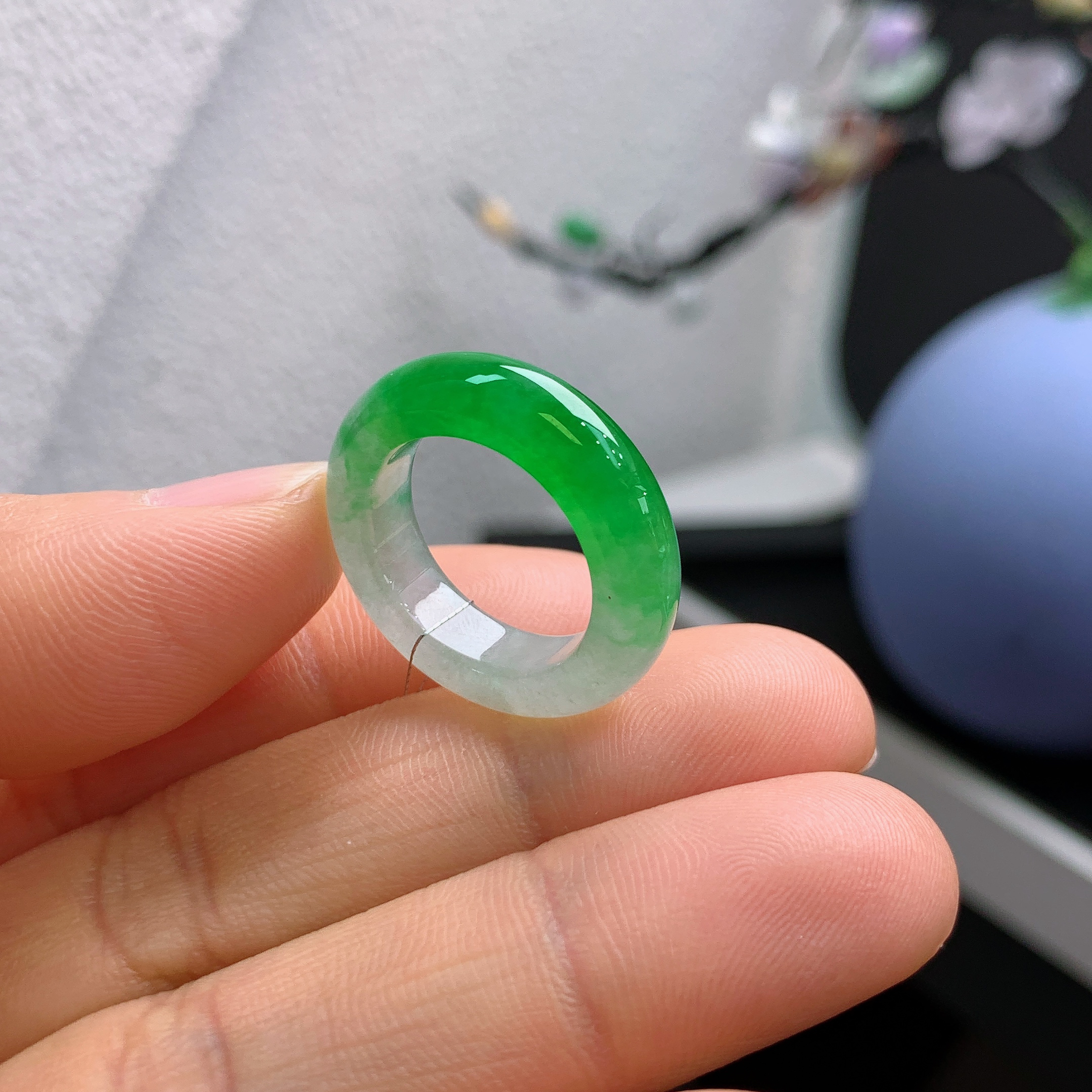 11圈口缅甸天然翡翠A货冰阳绿半山水戒指LH30#