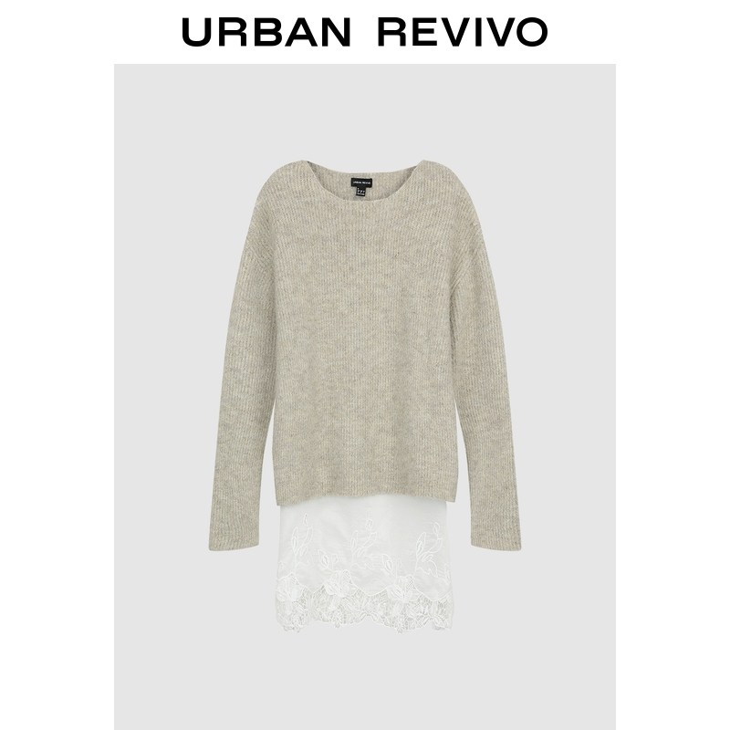UR2026春季新款女装休闲拼接假两件刺绣圆领针织衫UWH960015