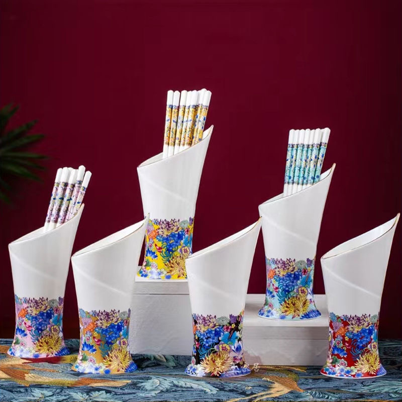 景德镇陶瓷筷子筒珐琅彩筷子篓火炬筷子笼沥水收纳筒