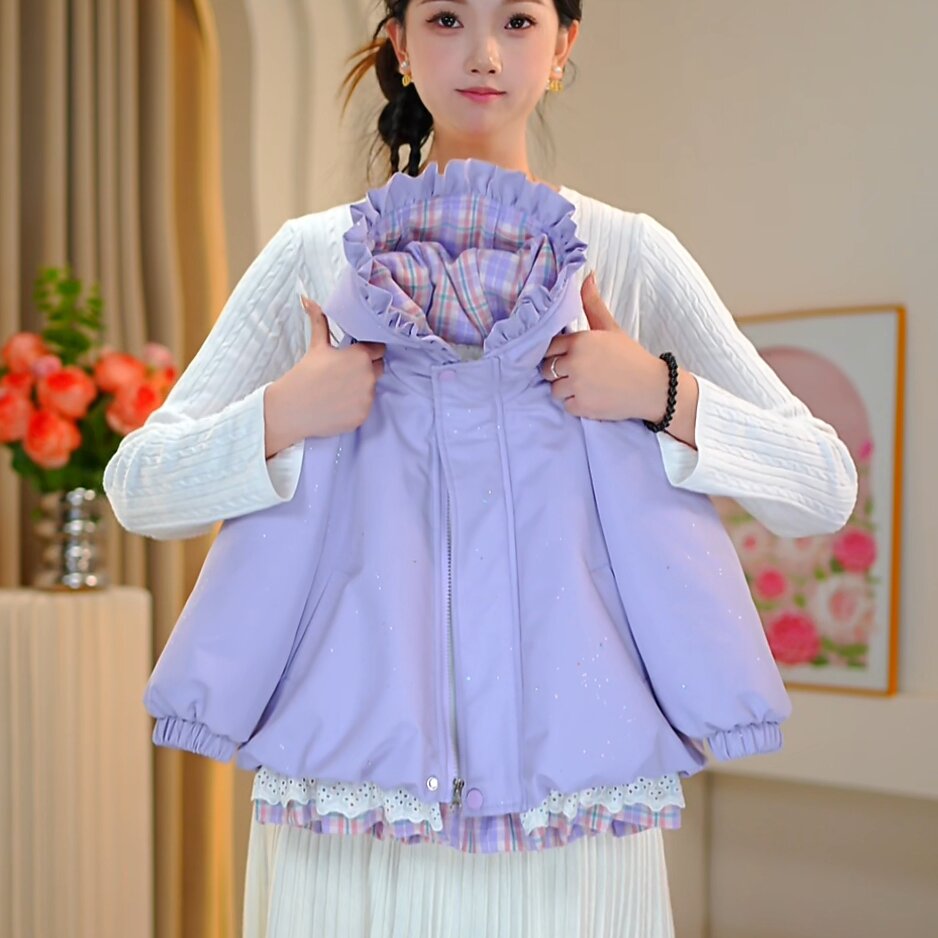 【佳琪妈】极寒系列女童紫色圣诞小甜果蕾丝花边连帽棉服-7192#