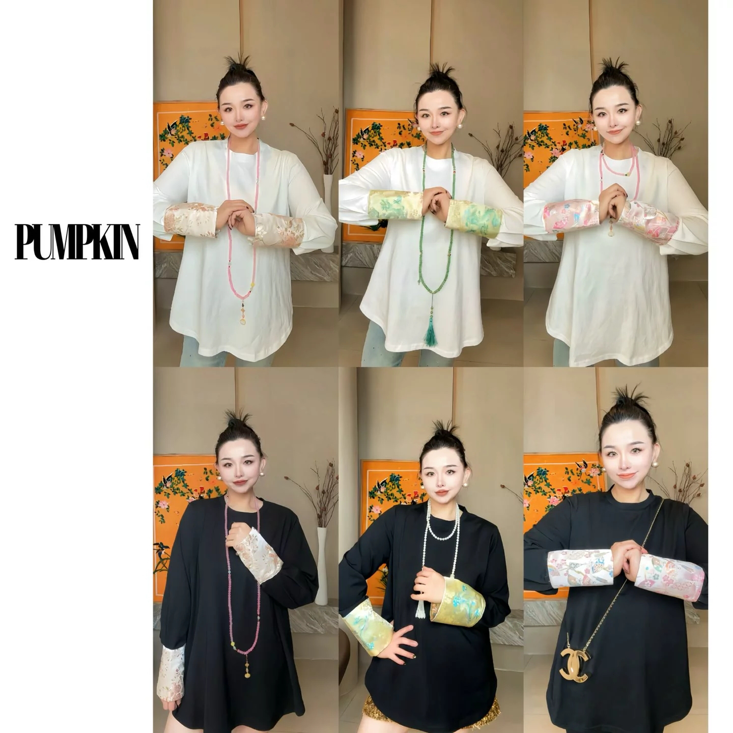 【双12钜惠】·大码新中式刺绣拼接撞色袖口圆领T恤