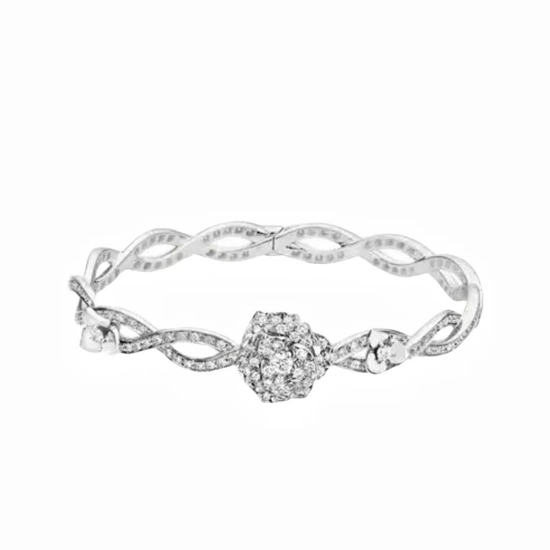 925银合成锆石手镯 【施生生珠宝】S925银豪镶满钻旋转玫瑰花手镯