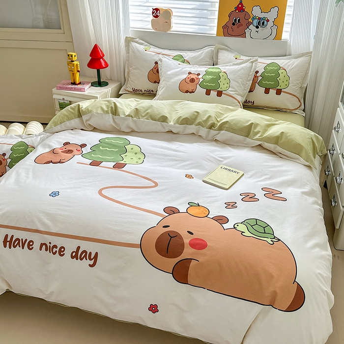 卡皮巴拉纯棉床上用品四件套可爱被套儿童卡通全棉三件套学生宿舍