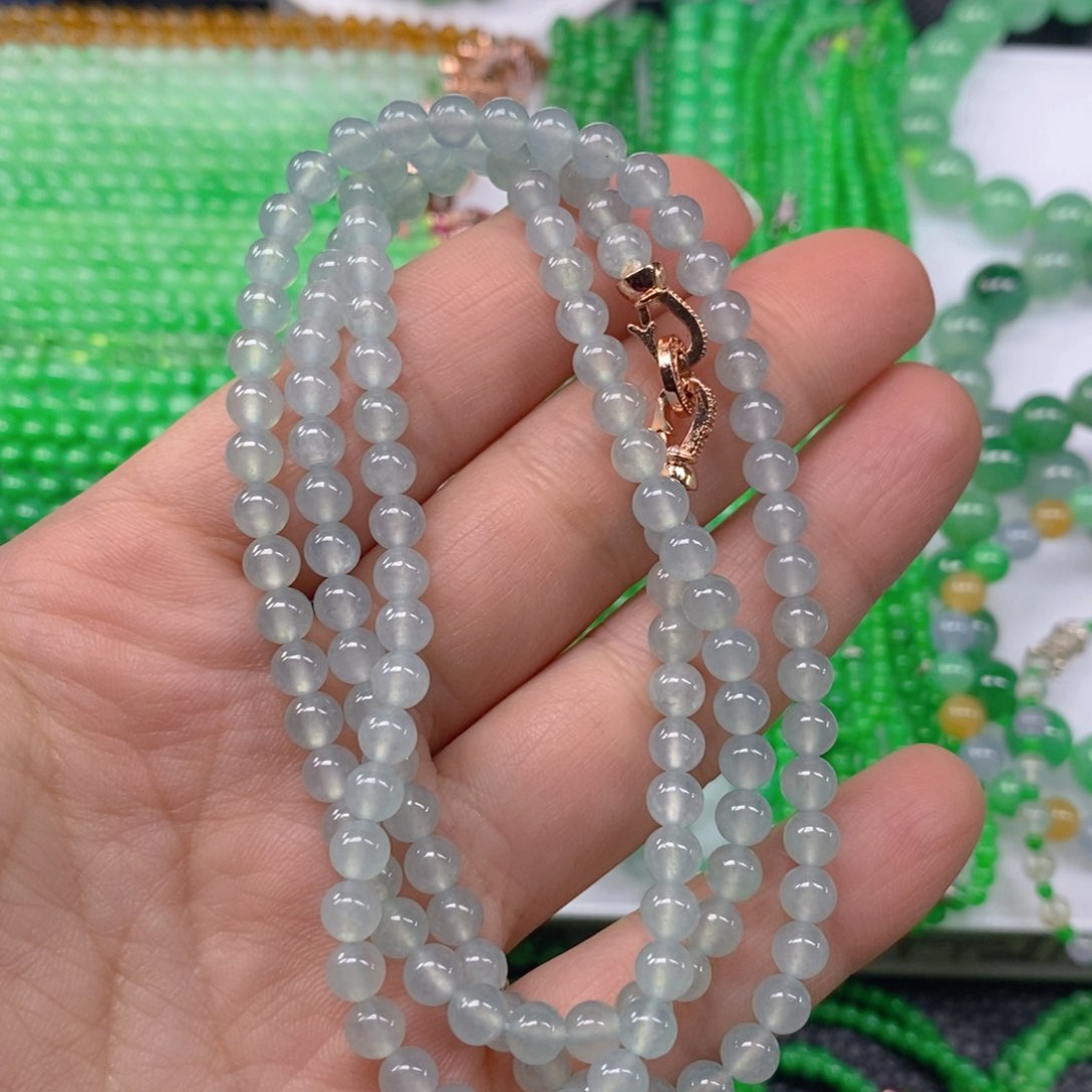 翡翠颈饰未镶嵌缅甸天然翡翠冰种圆珠项链5.2m' m