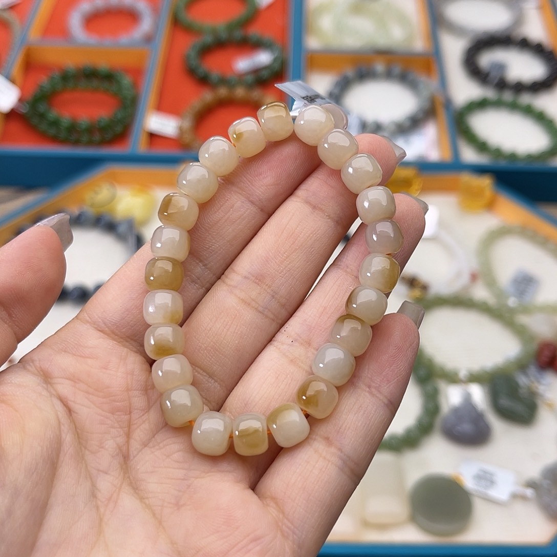 和田玉未镶嵌手串w35新疆糖白7*8