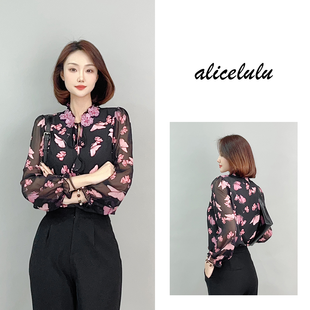 6ALICE“山寺桃花”衬衫立体珠花明媚轻盈S2141877Q