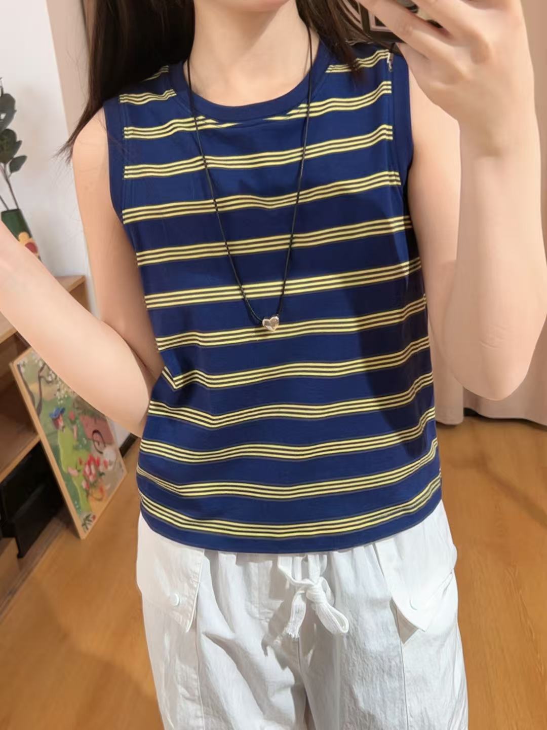 85152余小鱼【条纹法则】藏青色撞色横条纹圆领夏季无袖背心女装