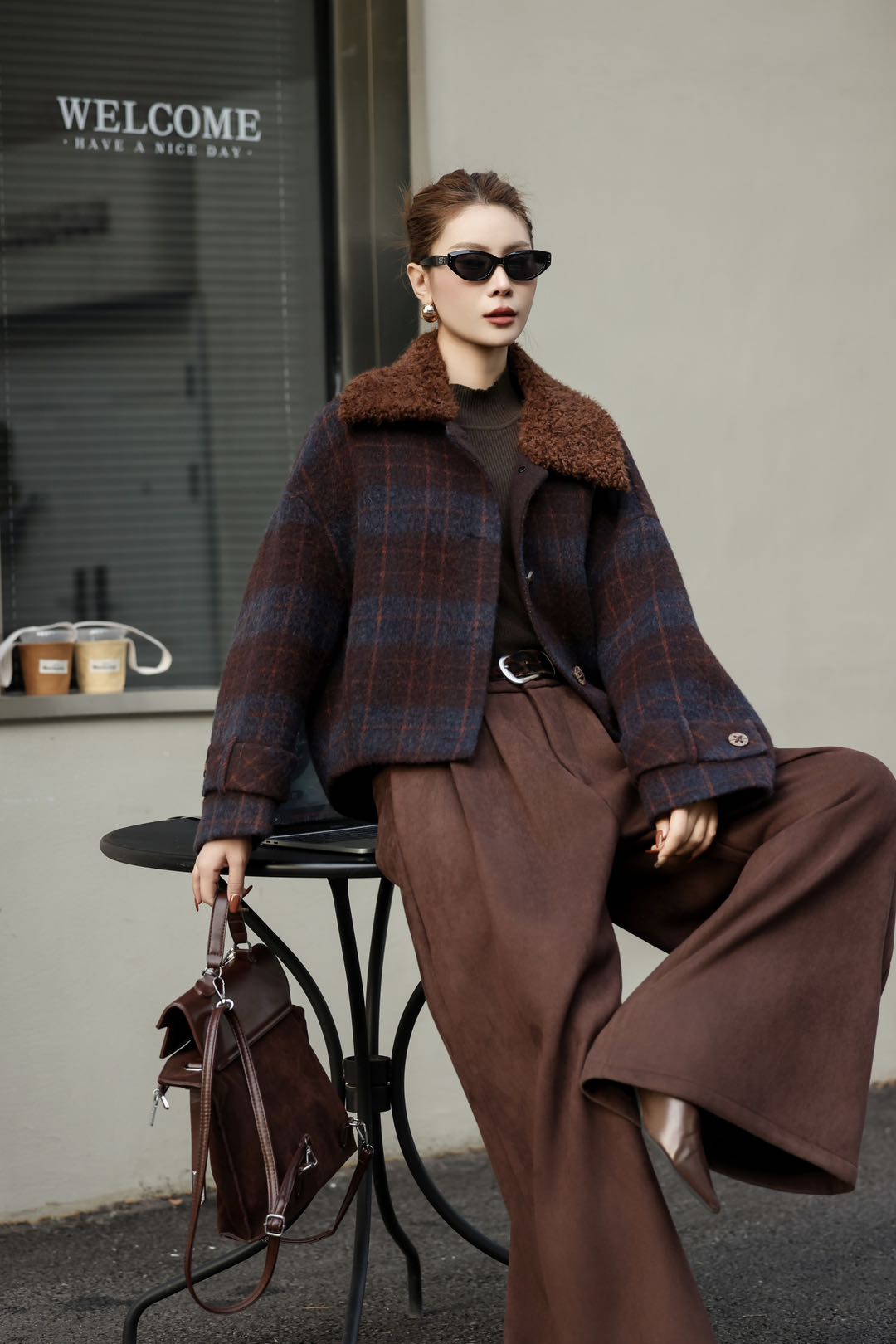 格纹格子羊驼绵羊毛休闲黄格秋冬时尚长款保暖洋气气质585