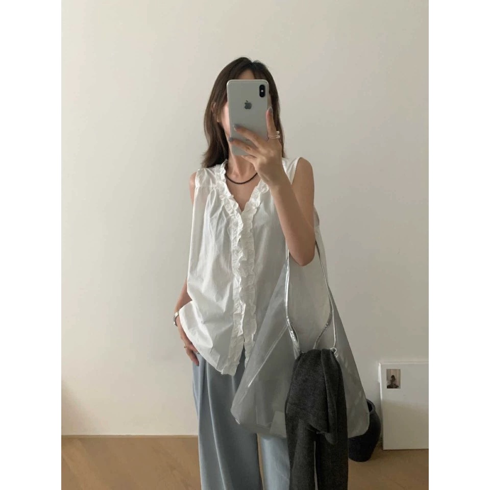 [按编号拍]新款无袖衬衫背心法式高级感木耳花边背心上衣女