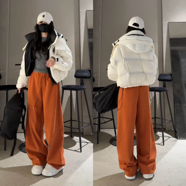 加绒加厚韩系弯刀阔腿裤女冬季慵懒风宽松直筒卫裤高腰休闲运动裤