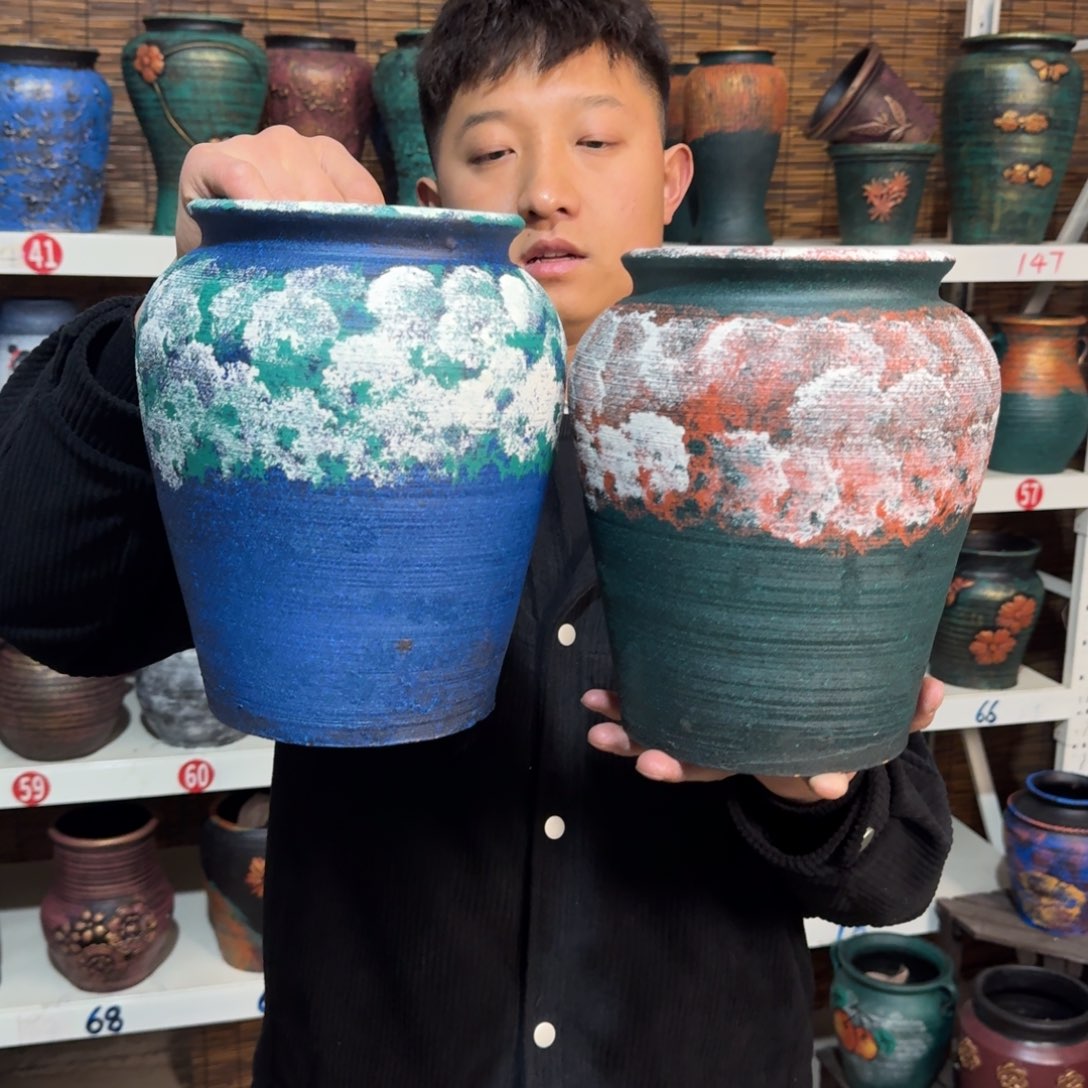 红陶红陶浮雕花盆炸炸炸