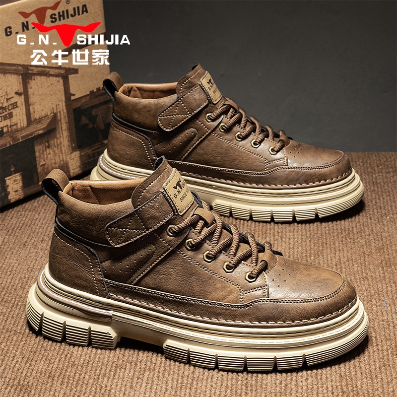 公牛世家秋冬高帮男鞋英伦男士马丁靴中帮短靴时尚休闲复古工装靴