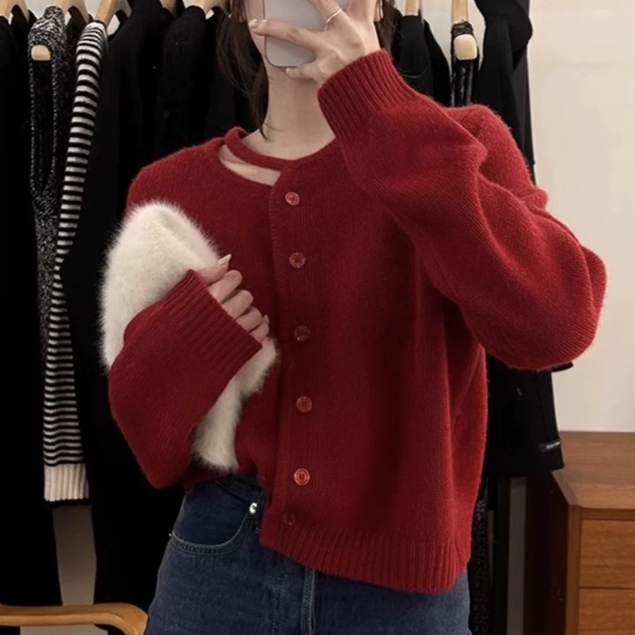 #F096 红色 2025秋冬新款设计感针织衫长袖女士上衣百搭#F096