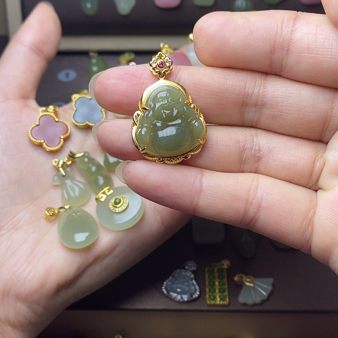 和田玉颈饰银S925镶嵌