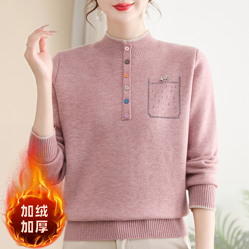 秋冬打底妈妈装加绒加厚毛衣中老年女冬季一体绒时尚针织衫#25225