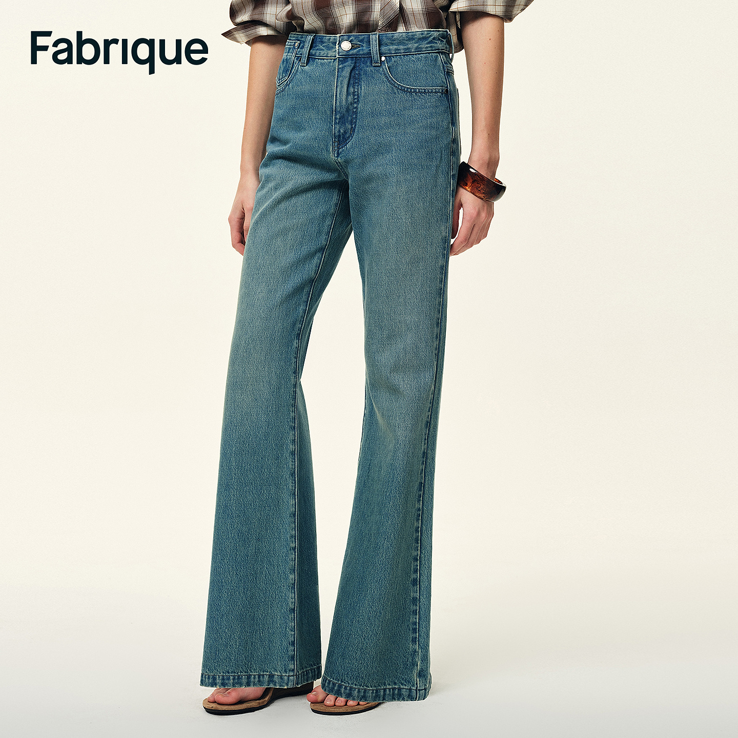 Fabrique Molly 新品水洗浅蓝纯棉美式复古修身微喇牛仔裤