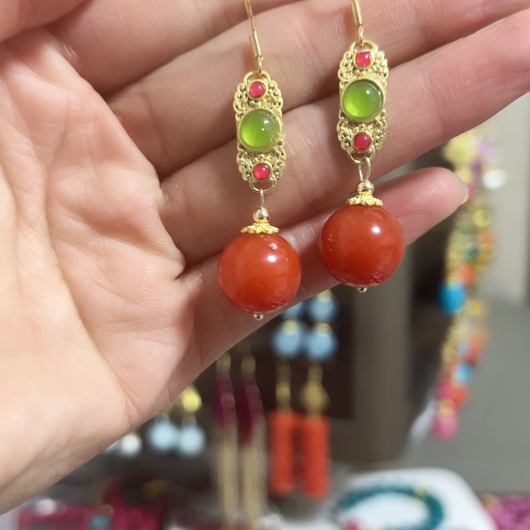 银S925镶嵌耳钉玛瑙/玉髓红色