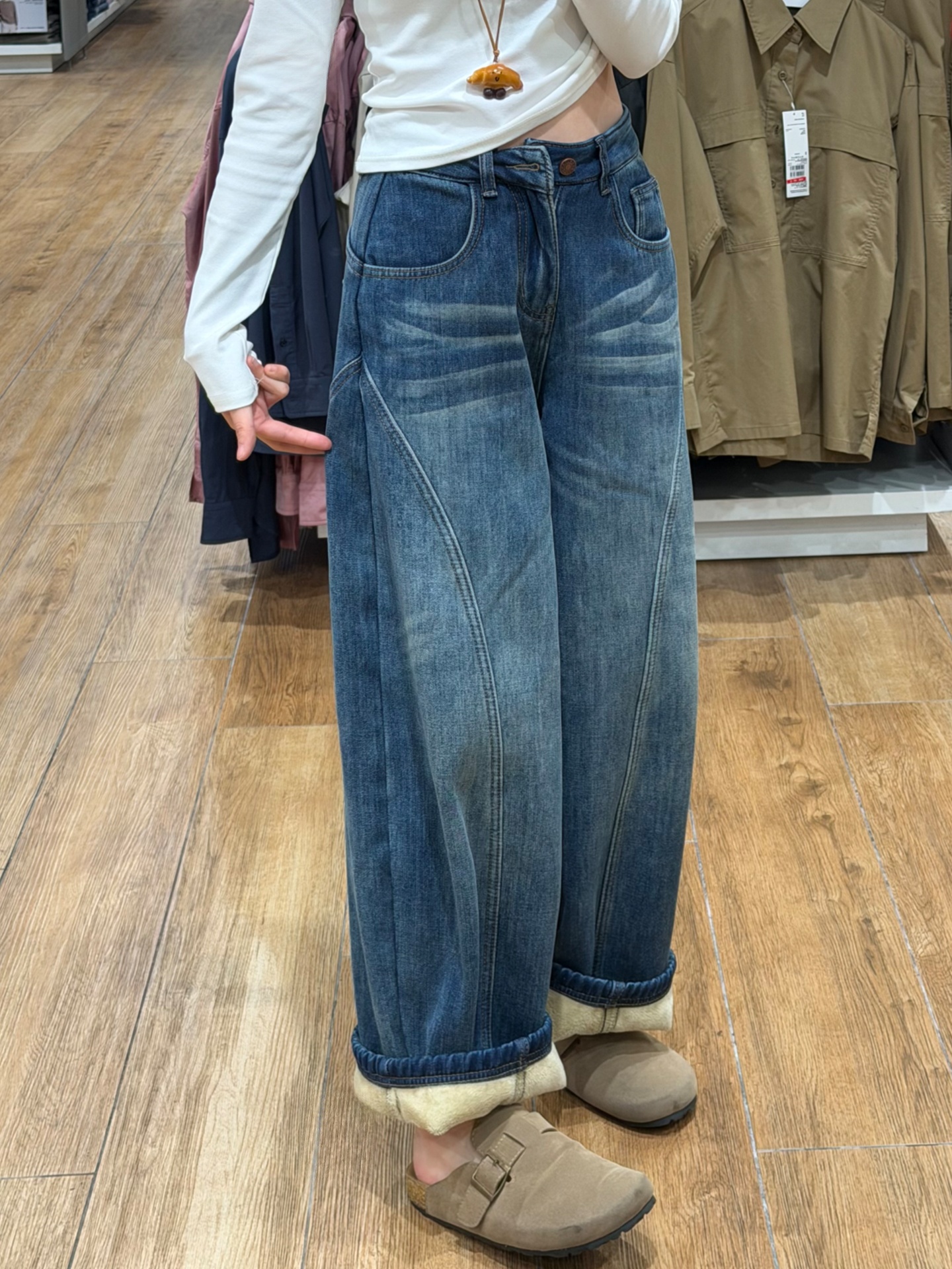 加绒加厚蓝色弯刀牛仔裤女冬季新款大码胖mm高腰显瘦宽松阔腿裤子