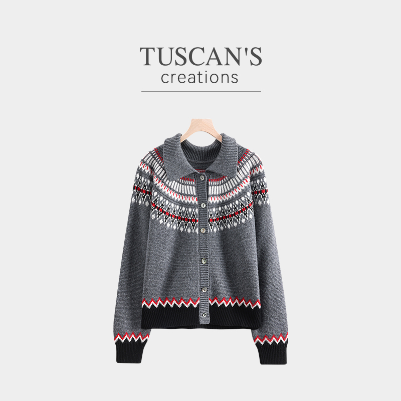 TUSCAN'S CREATIONS秋冬复古提花宽松时尚针织衫翻领开衫双鱼女装