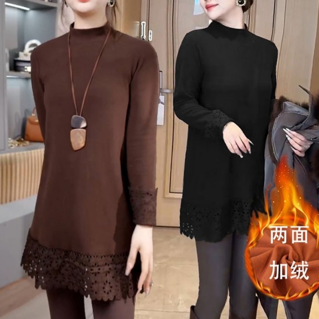 冬季蕾丝拼接长袖加厚宽松时尚打底上衣1258