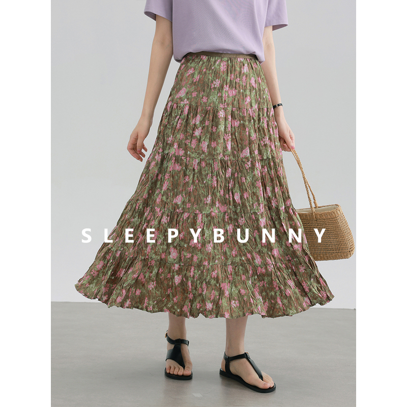 X瞌睡兔【清苍】复古碎花半身裙女夏季松紧腰显瘦褶皱蛋糕裙242119