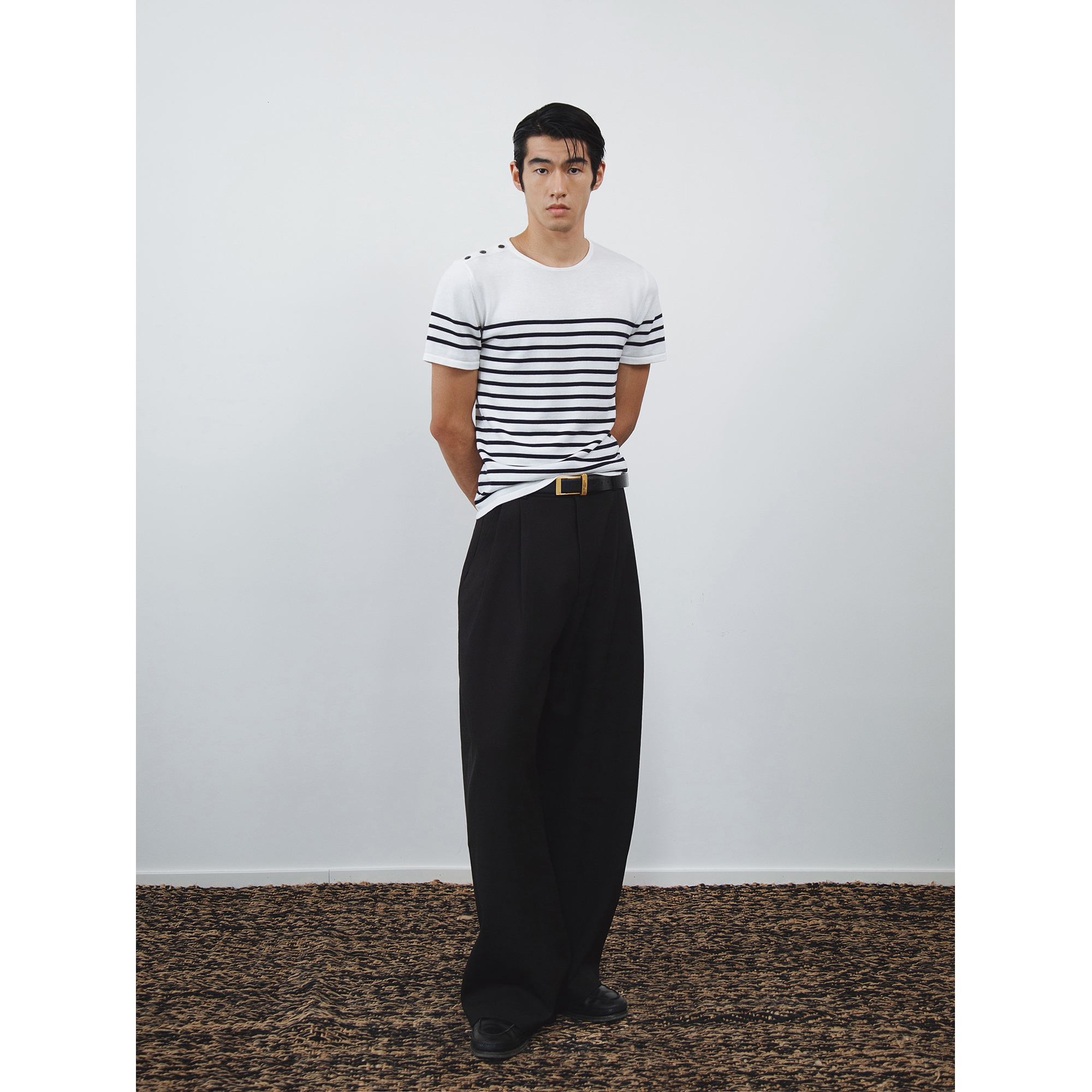 weave【现货】 白色拼藏青条纹海军风时髦针织短上衣T恤短袖干净