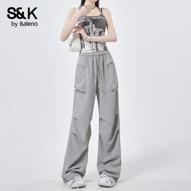 班尼路S&K女装休闲裤女款2025冬季宽松抽绳褶皱阔腿休闲百搭长裤