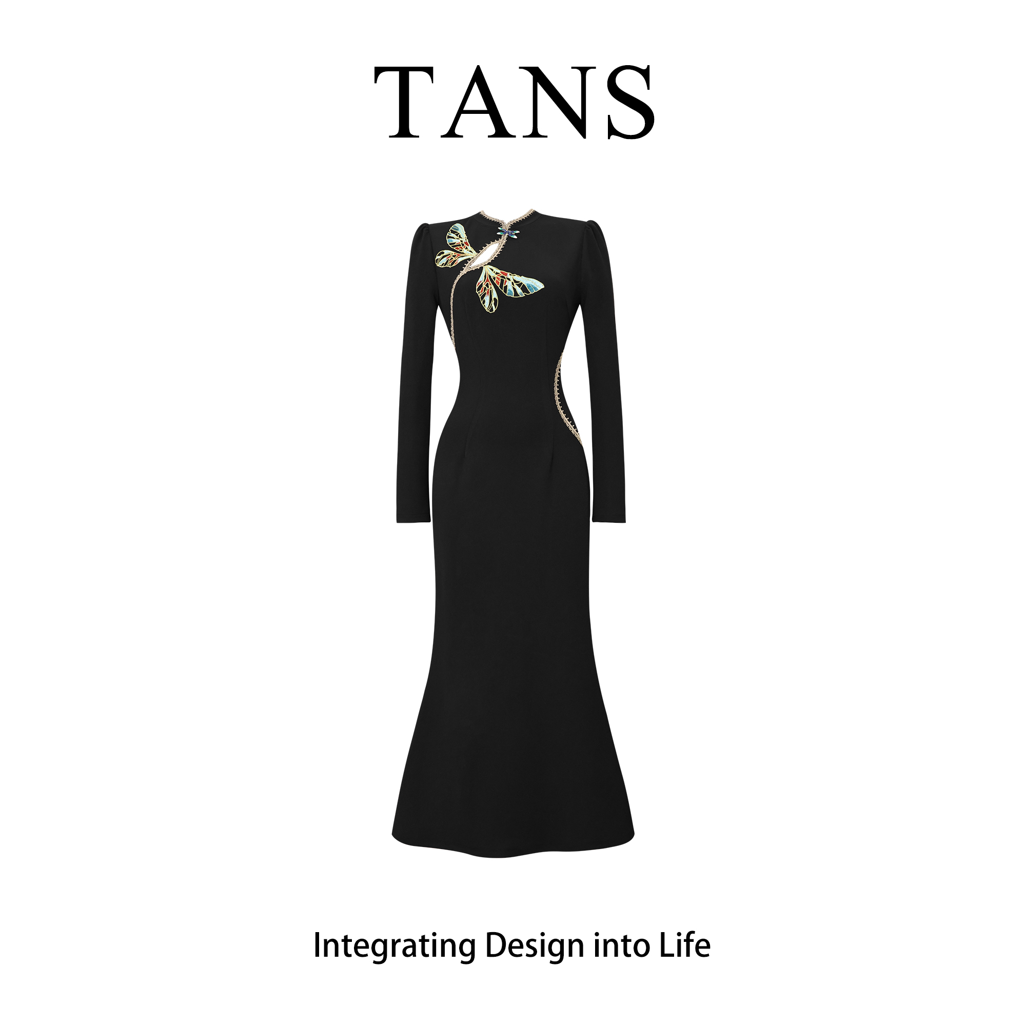 现货 TANS【秋季新品】新中式国风复古蝴蝶高级设计感长款连衣裙