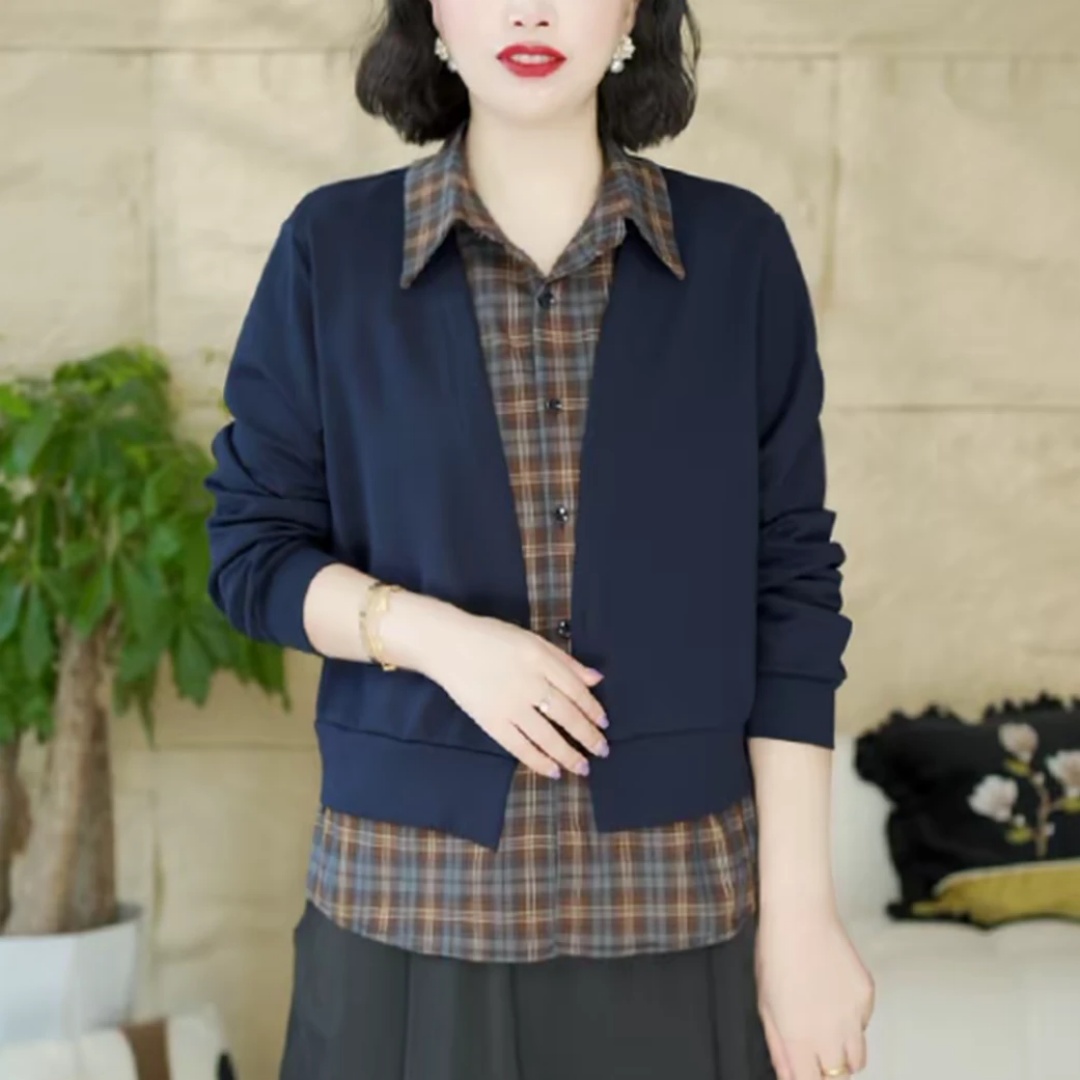 格子假两件法式透气常规型衬衫领T恤时尚显瘦拼接气质通勤