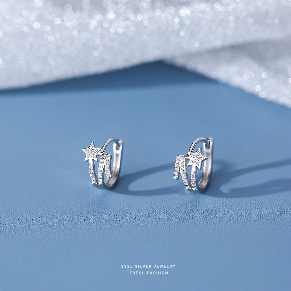 925银耳饰 s925纯银满钻流星耳扣女韩版轻奢星星小清新森系耳饰