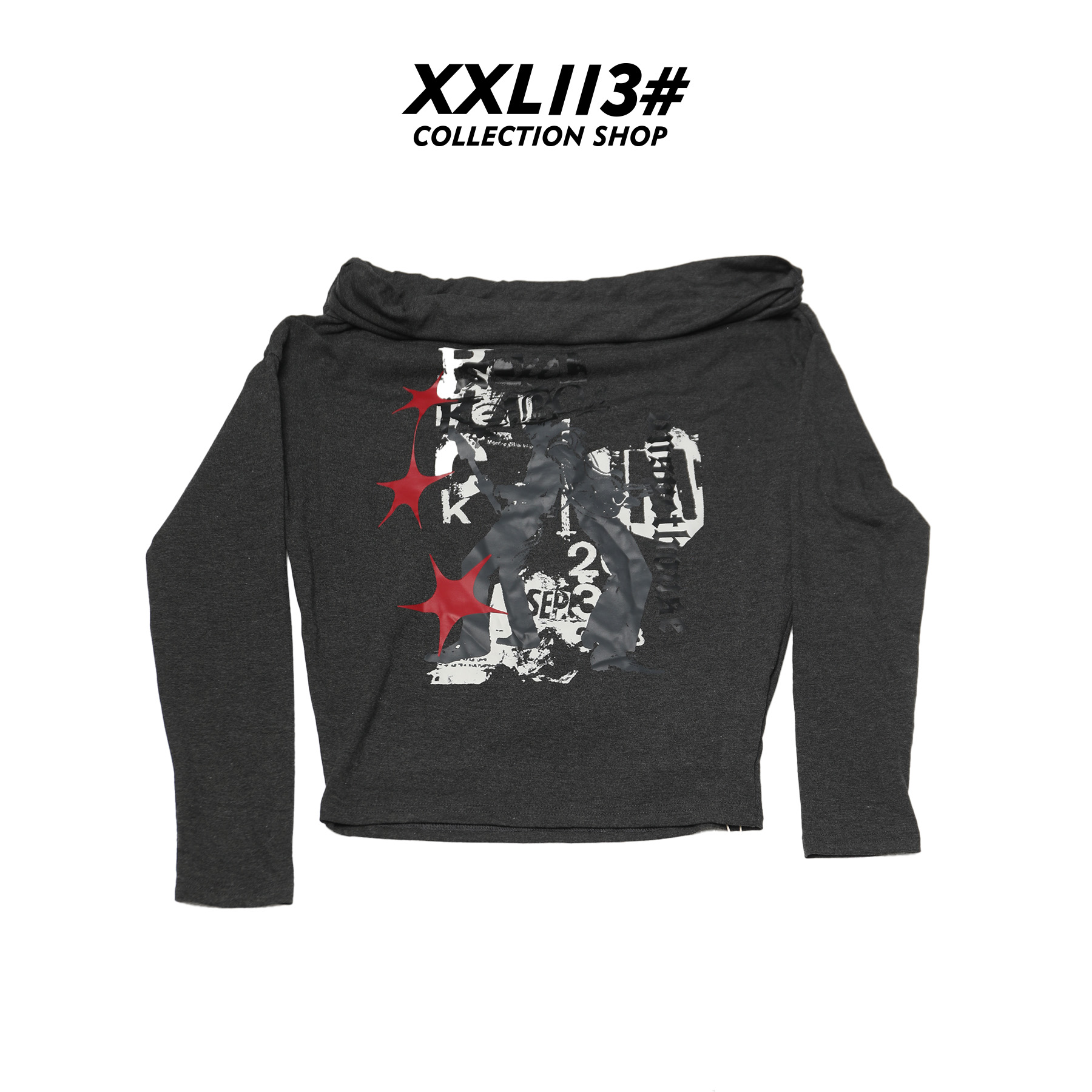 113* CENTRALIZED SHOP长袖落肩袖刺绣斜领中长款T恤X5F02I6944