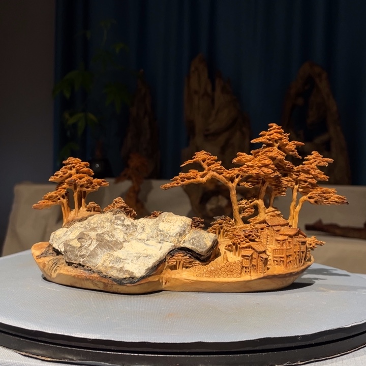 柏木（崖柏）山里人家摆件