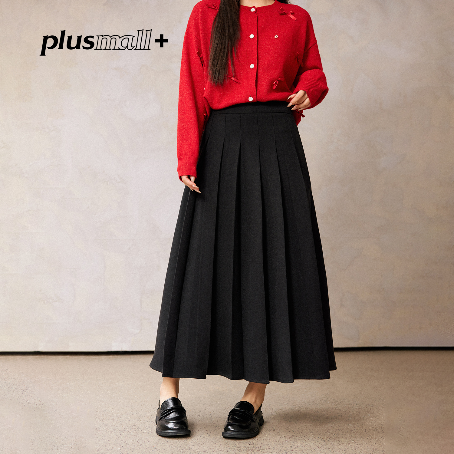 PLUSMALL 夜影轻摆 都市通勤西装长款TR百褶半裙PM2511120