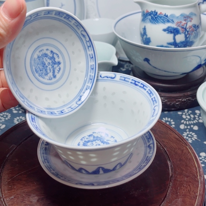 青花玲珑三才盖碗龙纹