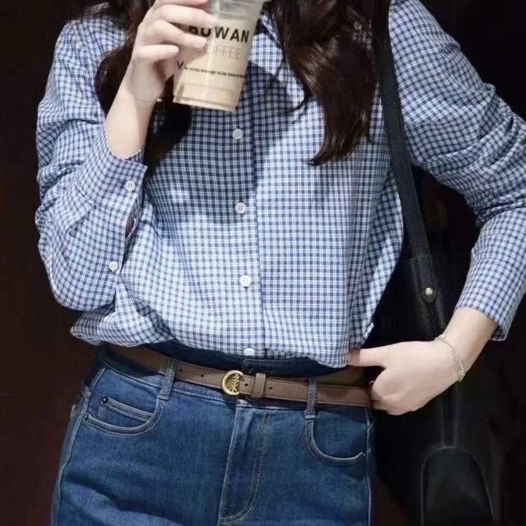 秋季新款女士格纹长袖翻领单排扣衬衫
