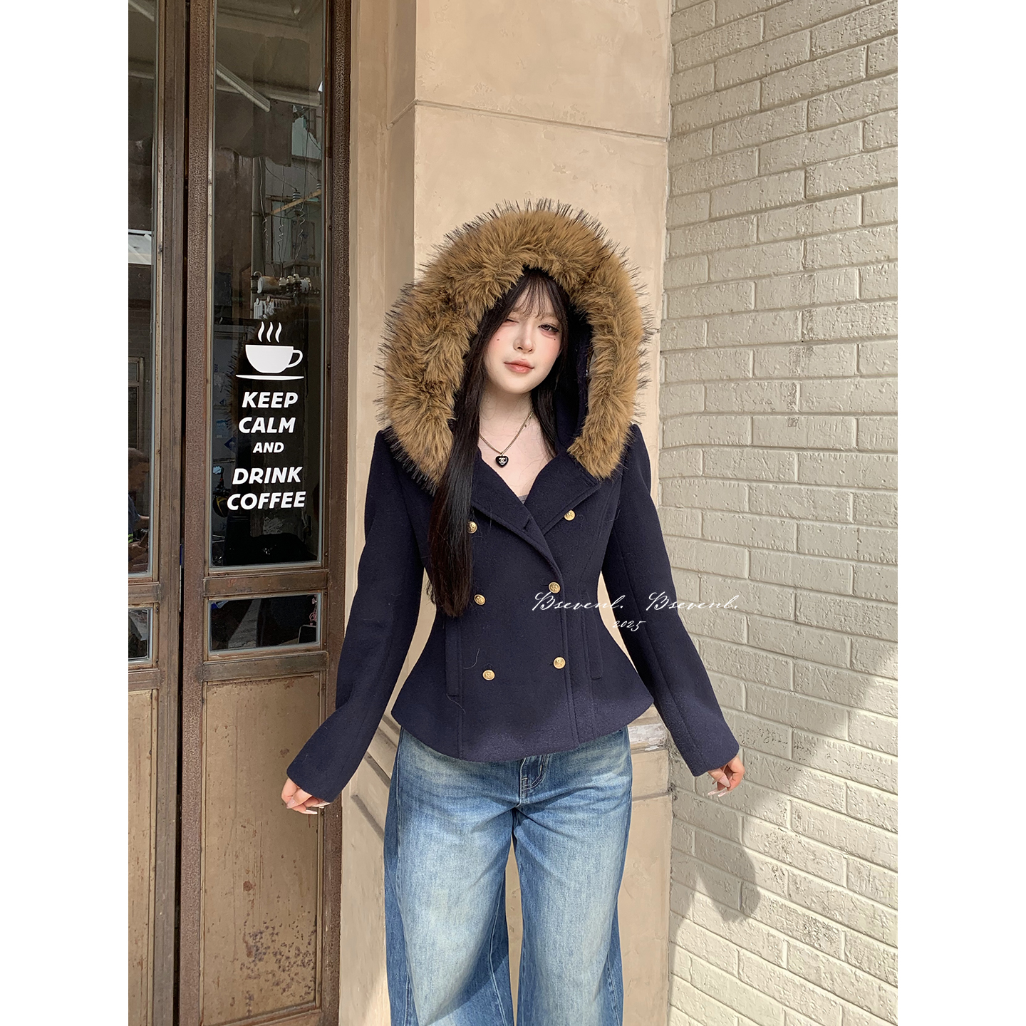 黑泽玄七“贵金珀兰”秋冬短款秋季女连帽毛呢外套上衣女装百搭休闲