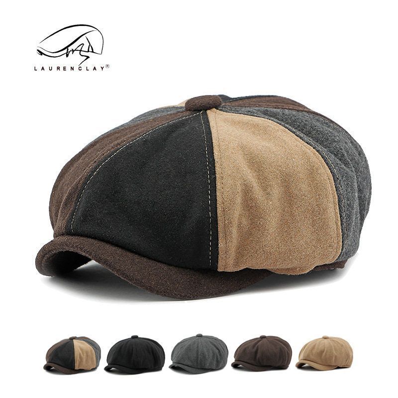 拼色美式复古八角帽男秋冬季经典羊毛呢贝雷帽女英伦鸭舌帽报童