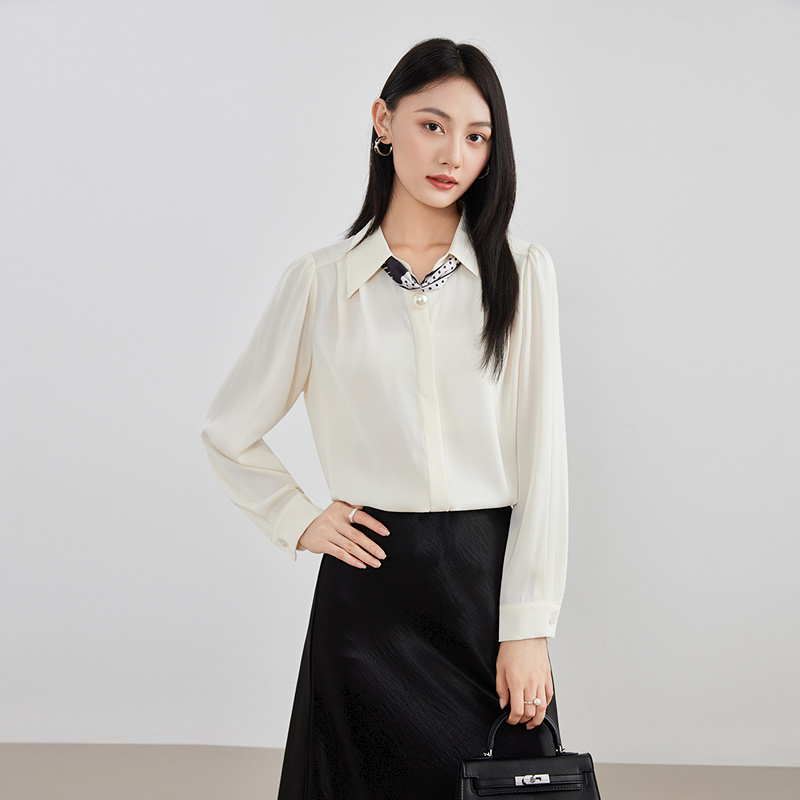 爱客秋季新款2025年温柔亲肤丝巾系带长袖翻领衬衫女YA25328Z002