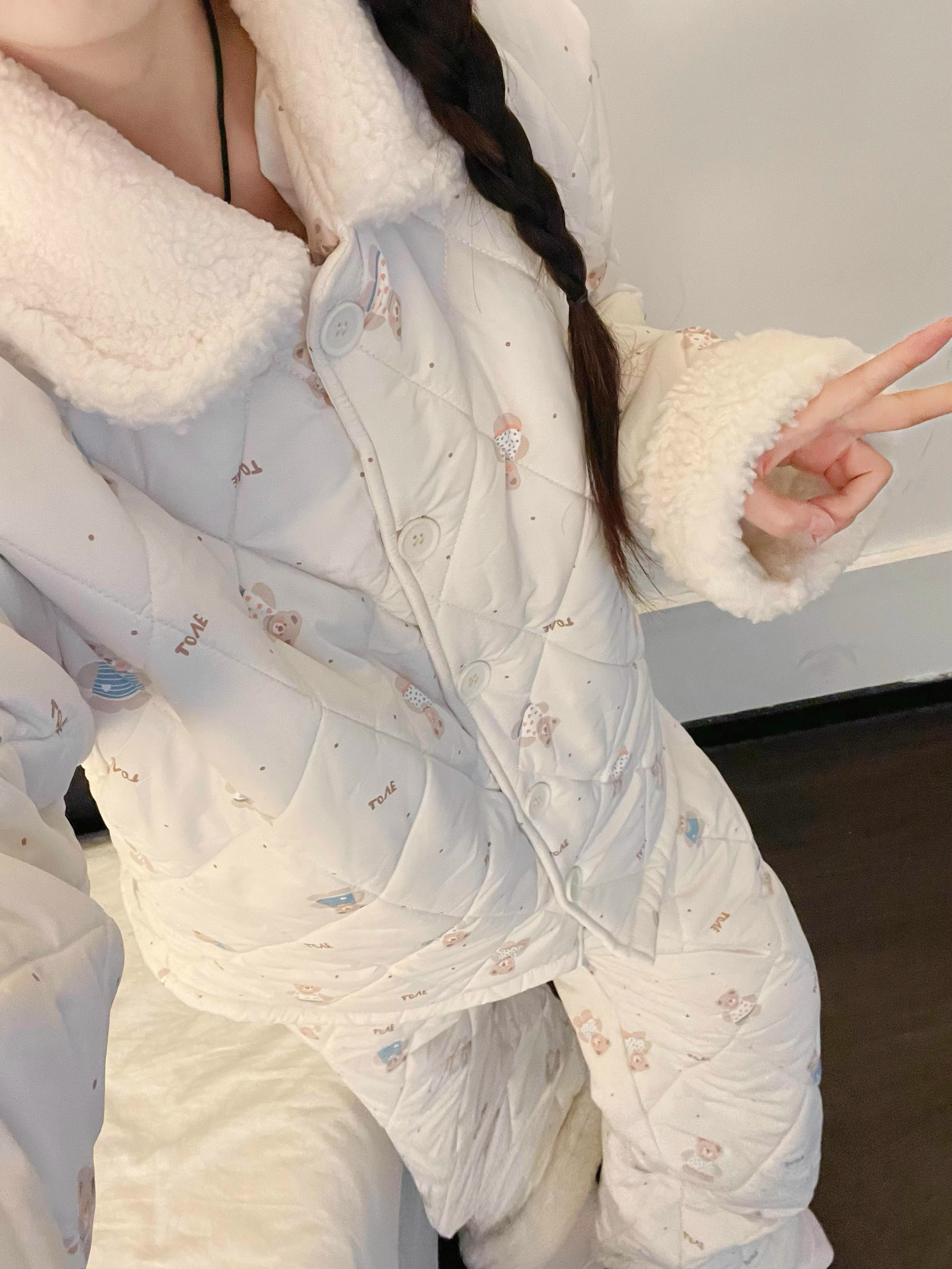 保暖可爱小熊夹棉睡衣冬季新款加绒加厚棉袄家居休闲服两件套外穿